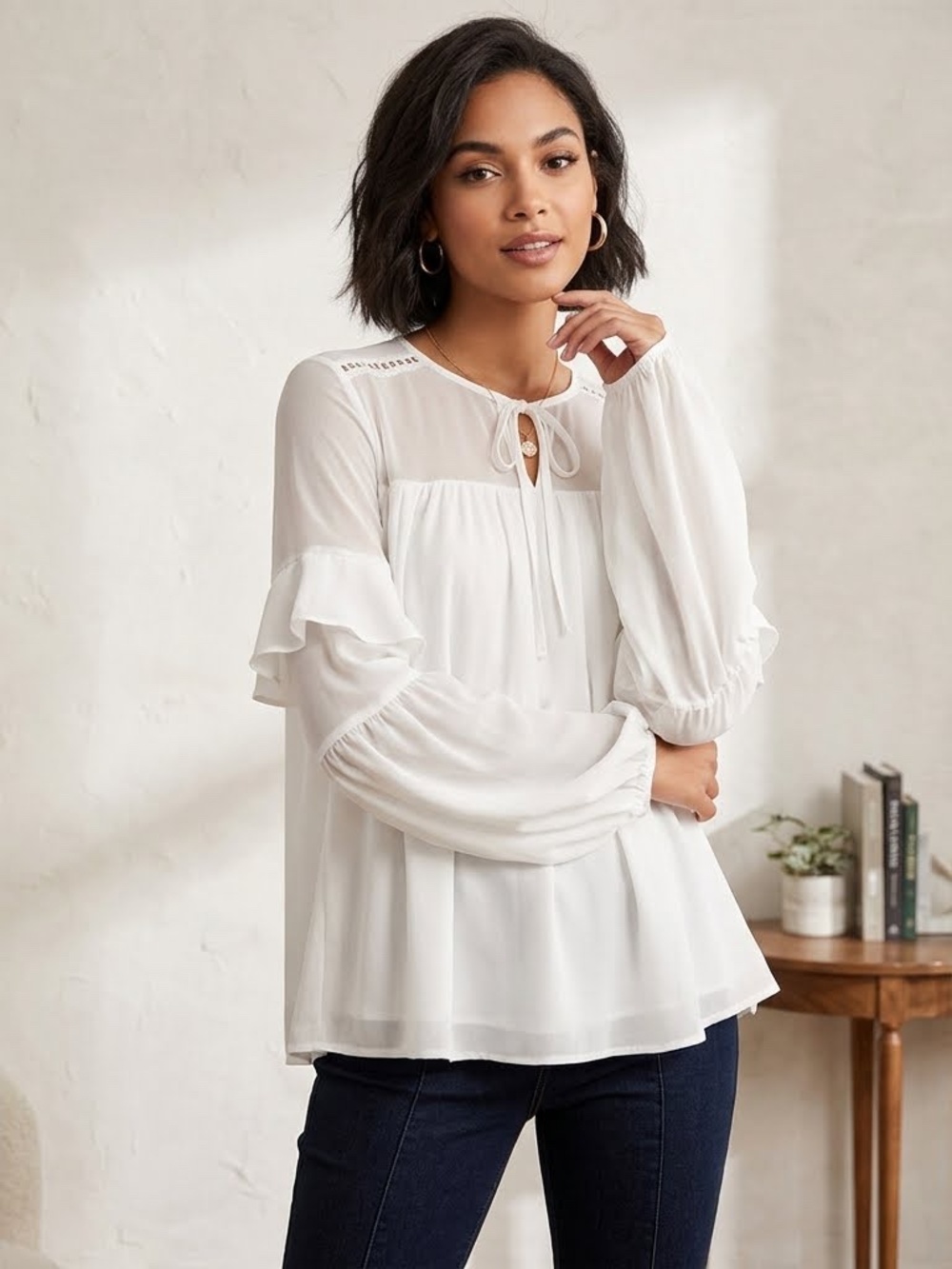NWOT Feminine Flowy Boho Coastal Lined White Top